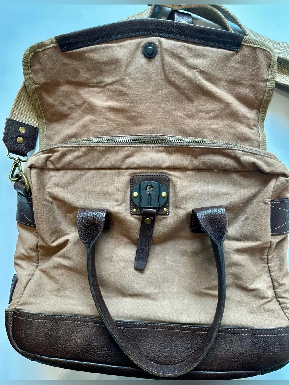 Will Leather Goods Canvas Leather Messenger Briefcase Brown Tan 15”